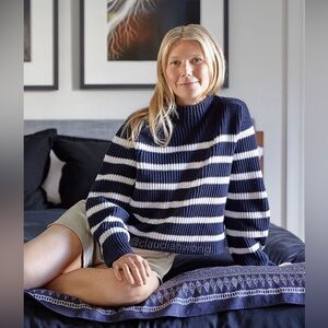 G. LABEL BY GOOP Lucy Striped Funnel Neck Sweater in Navy White
